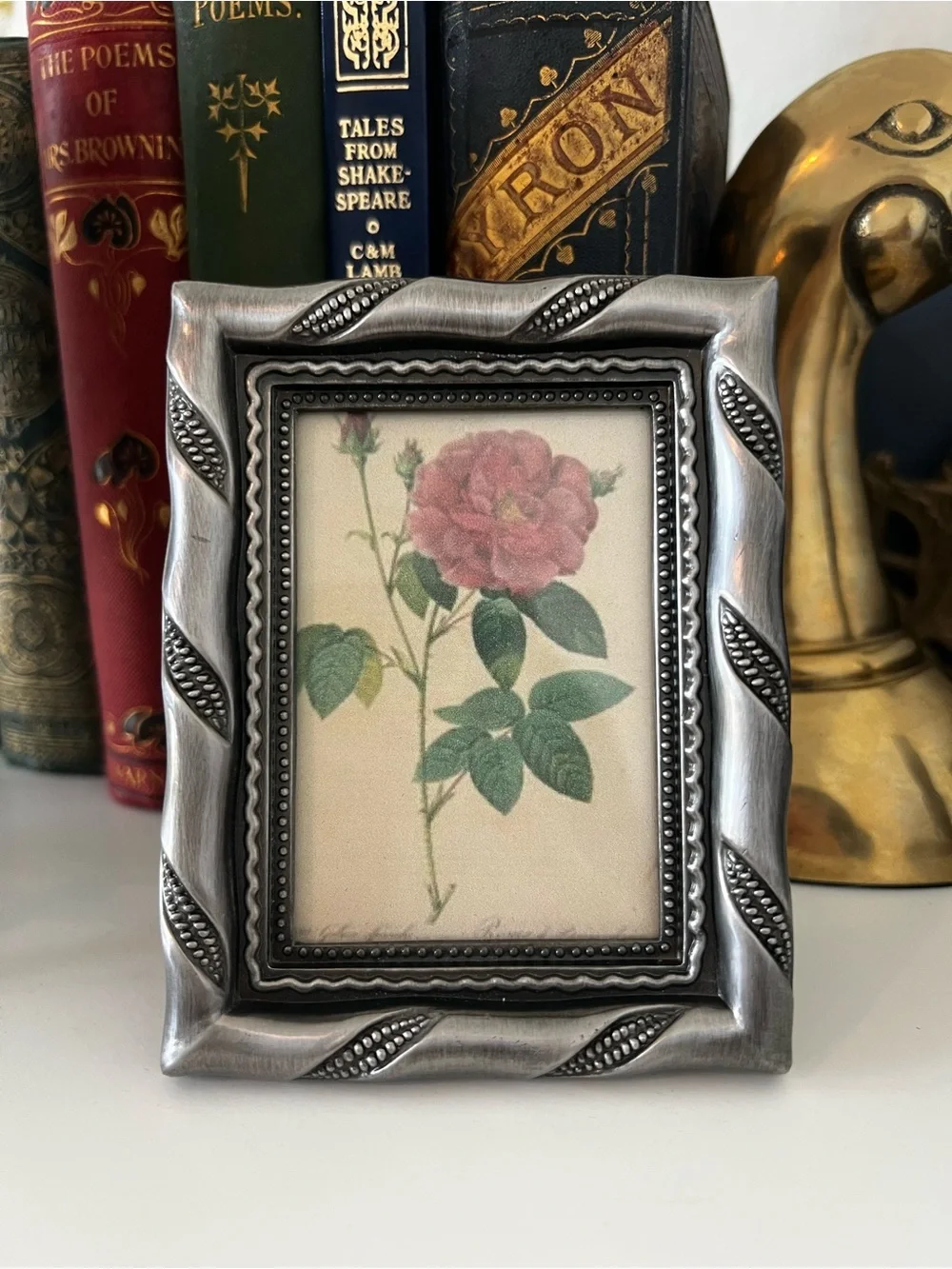 Vintage Pewter Tone Picture Frame with Botanical Image